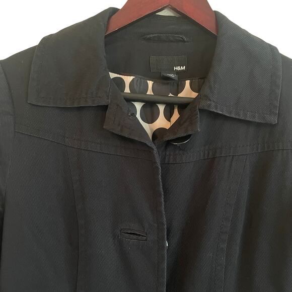 H&M Women Coat 4 Black Contrast Lining Trench Long Line Stylish Jacket Chic - Picture 10 of 11